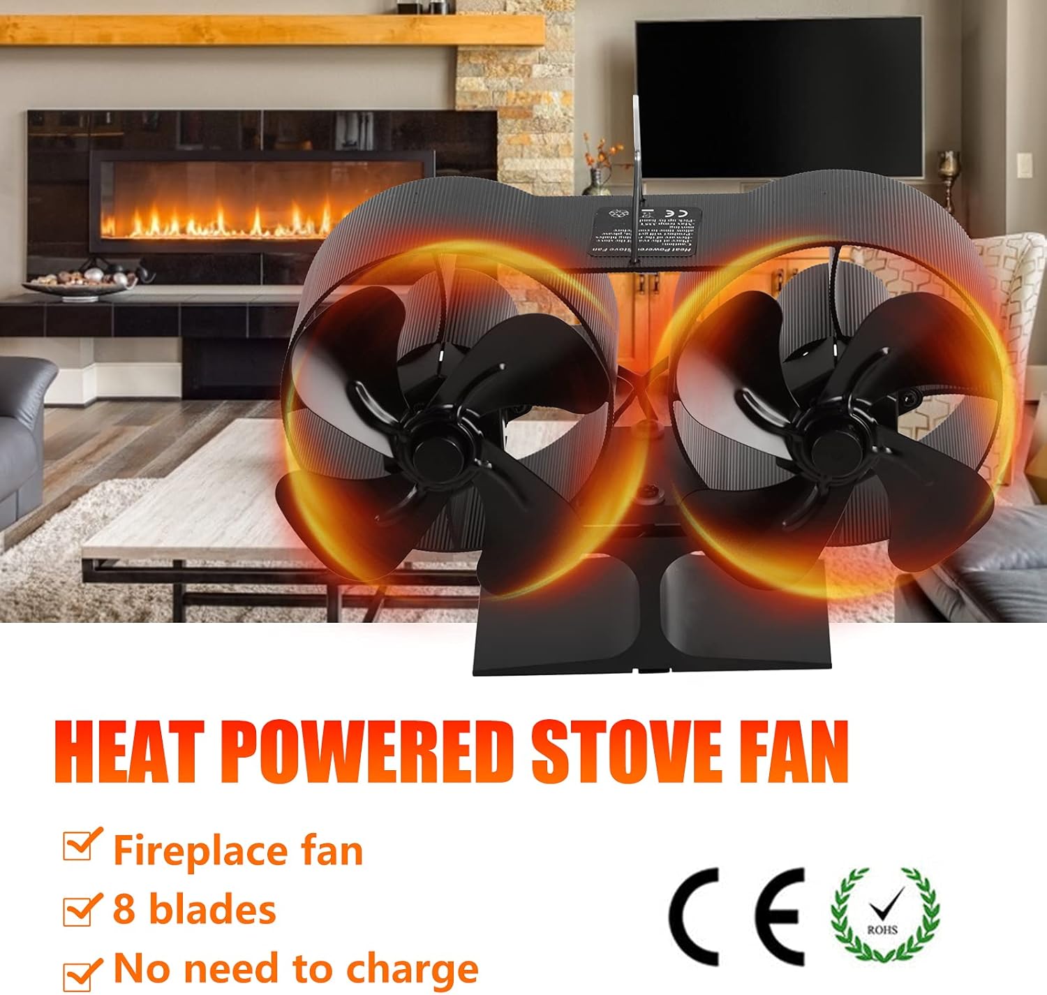 8 Blade Wood Stove Fan Dual Head Fireplace Fan Heat Powered Double Motor Eco Friendly Fan Burner Scope Of Application: Real Fire Fireplace, Pellet Fireplace, Log Fireplace Pack of 2