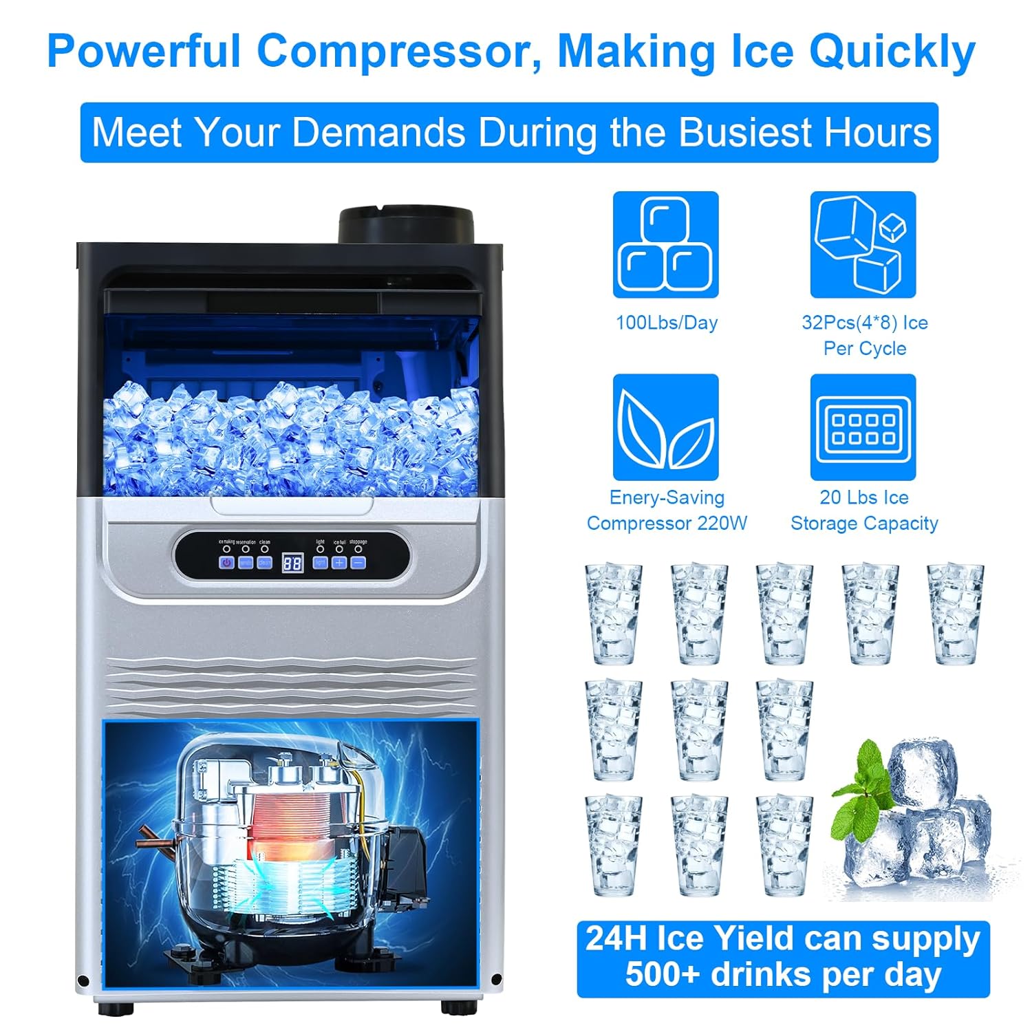 Commercial Ice Maker, 100Lbs/24H Ice Maker Machine, 2 Water Inlet Modes, Ice Maker with 20lbs Storage, Auto Self-Cleaning, Under Counter/Freestanding Ice Maker for Home/Office/Shop/Bar