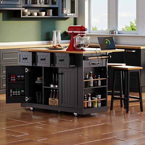 53" Rolling Large Kitchen Island Set with Power Outlet,Mobile Carts with Storage Cabinet,Extra Drop Leaf,3 Drawers and 5 Open Side Racks,Wood Table for Dining Room (Island & Stools)