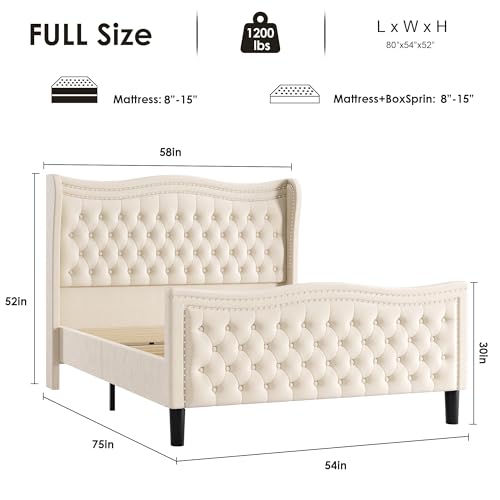 Queen Bed Frame, 52"" Headboard Upholstered Bed with Tall Footbaord, Velvet Upholstered Deep Button Tufted Wingback Platform Bed, No Box Spring Required/Wood Slat Support/Black