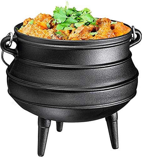 Bruntmor Pre-Seasoned Cast Iron Cauldron | African Potjie Pot with Lid | 3 Legs for Even Heat Distribution - Premium Camping Dutch oven Cookware for over-the-fire Cooking - 10 Quarts (X-Large)