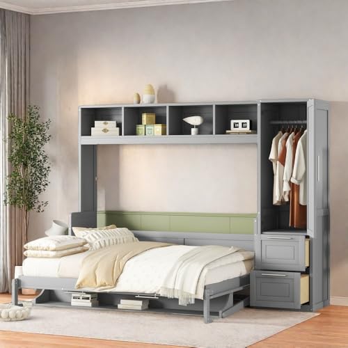 SOFTSEA Queen Size Horizontal Murphy Bed, Queen Murphy Bed with Desk Wardrobe Storage Shelf, Queen Hideaway Wall Bed with Drawers Space-Saving for Guest Room Bedroom or Office, Gray