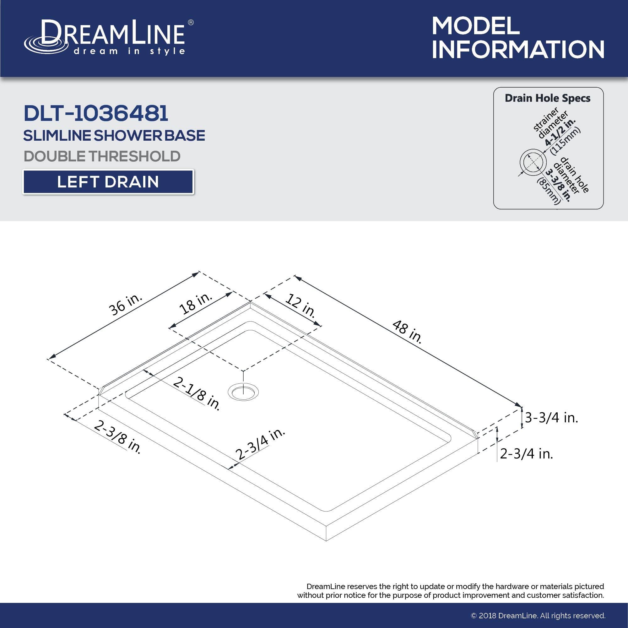 DreamLine Slimline 36 in. x 48 in. Double Threshold Shower Base, Left Hand Drain, DLT-1036481