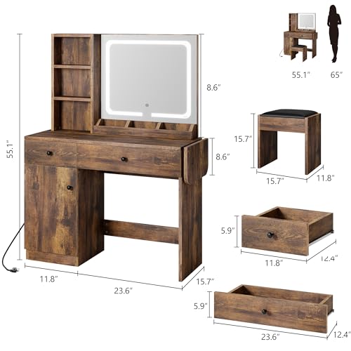 IDEALHOUSE Vanity Desk with Mirror and Lights, Large Storage Space with 2 Drawers and Adjustable Shelves Storage Makeup Vanity, 3 Lighting Modes Adjustable Brightness, Bedroom Vanity Table, White
