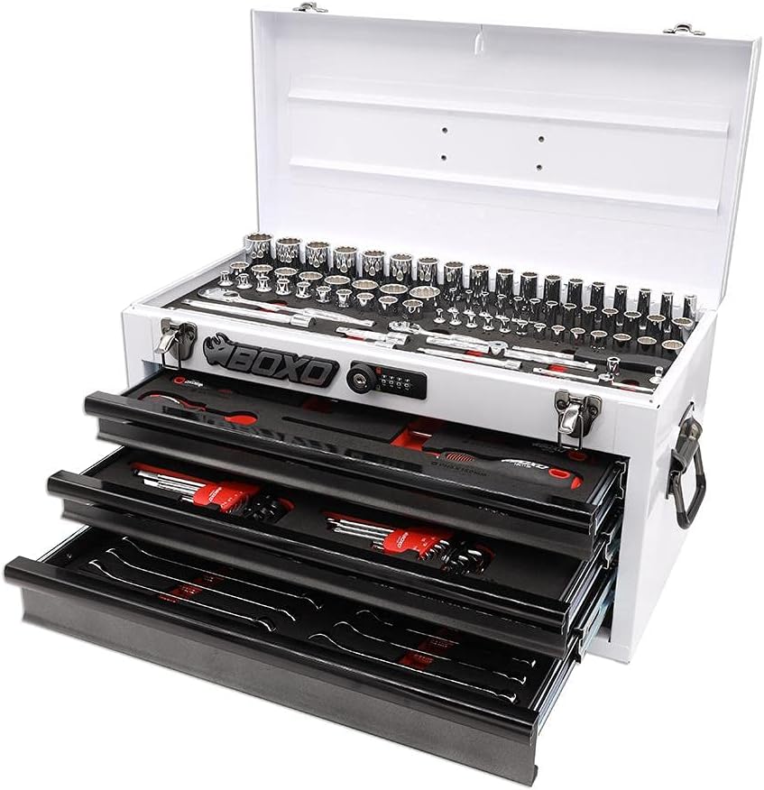 BOXO USA 133-Piece Metric Tool Set with 3-Drawer Hand Carry Toolbox (White)