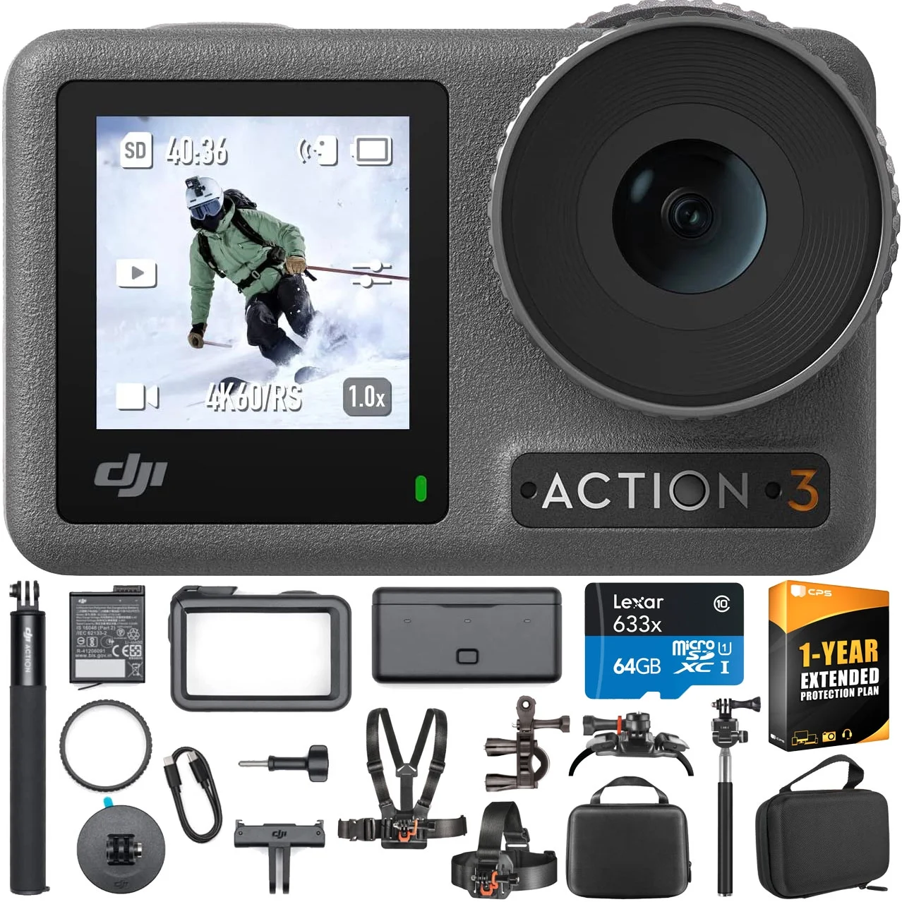 DJI Osmo Action 3 Action Camera - Adventure Combo with 64GB Accessory Bundle