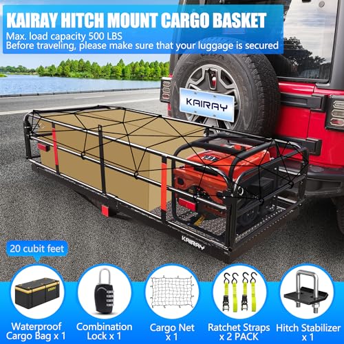 500 Lbs Heavy Duty Hitch Mount Cargo Carrier 60"x24"x14.4" Folding Rear Luggage Rack Basket Fits 2" Receiver for Car SUV Camping Traveling with Stablizer Waterproof Bag Net Ratchet Straps Lock