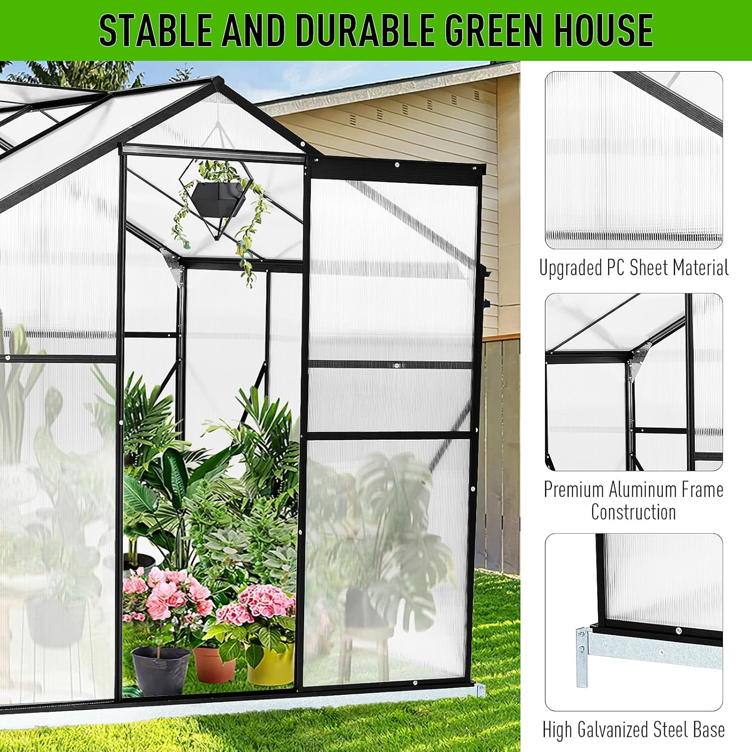 Zstar 10x6 FT Polycarbonate Greenhouses with Sliding Door and Adjustable Vent Window, Heavy Duty Outdoor Aluminum Walk-in Green House for Outdoor Garden Backyard, Greenhouses for Outdoors, Black