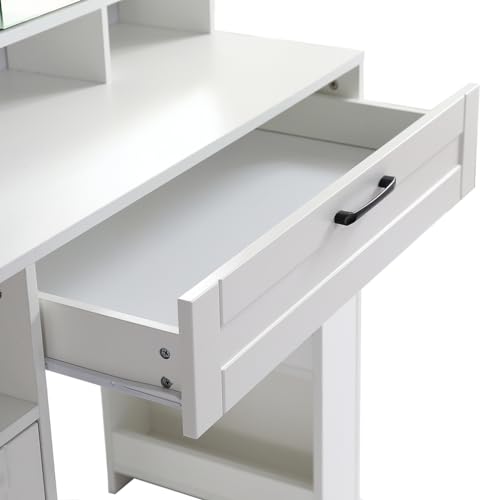 White Vanity Desk With Mirror And Cushioned Stool,Makeup Desk With Right Sliding Mirror,Vanity with Drawers and Open Shelves,Practical Fashionable Vanity Table Dressing Table for Women Girls,31in