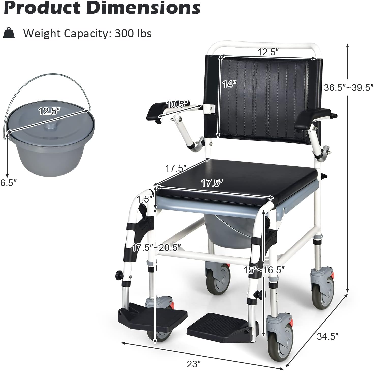 Giantex 4-in-1 Bedside Commode Shower Wheelchair, Commode chair for Toilet with Arms, 4 Lockable Wheels, Detachable Bucket, Height Adjustable & Flip-up Footrest, Padded Mobile Toilet Chair