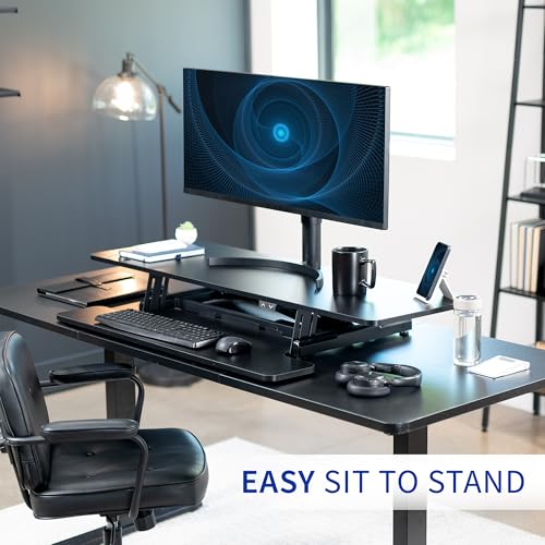 VIVO 42 inch Electric Motor Desk Converter, Height Adjustable Riser, Sit to Stand Dual Monitor and Laptop Workstation with Wide Keyboard Tray, Black, DESK-VE42B