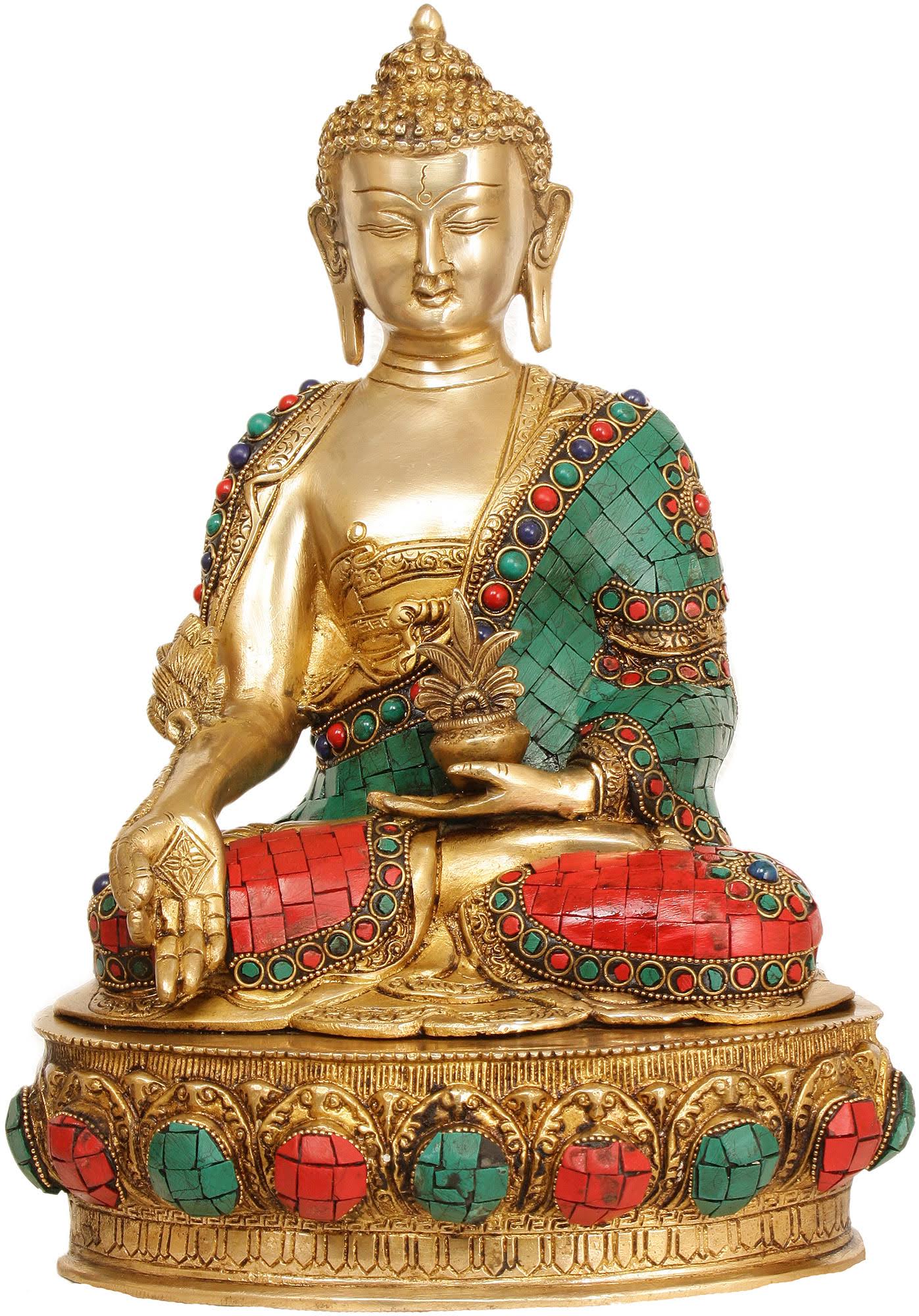 Medicine Buddha - Brass with Inlay Statue