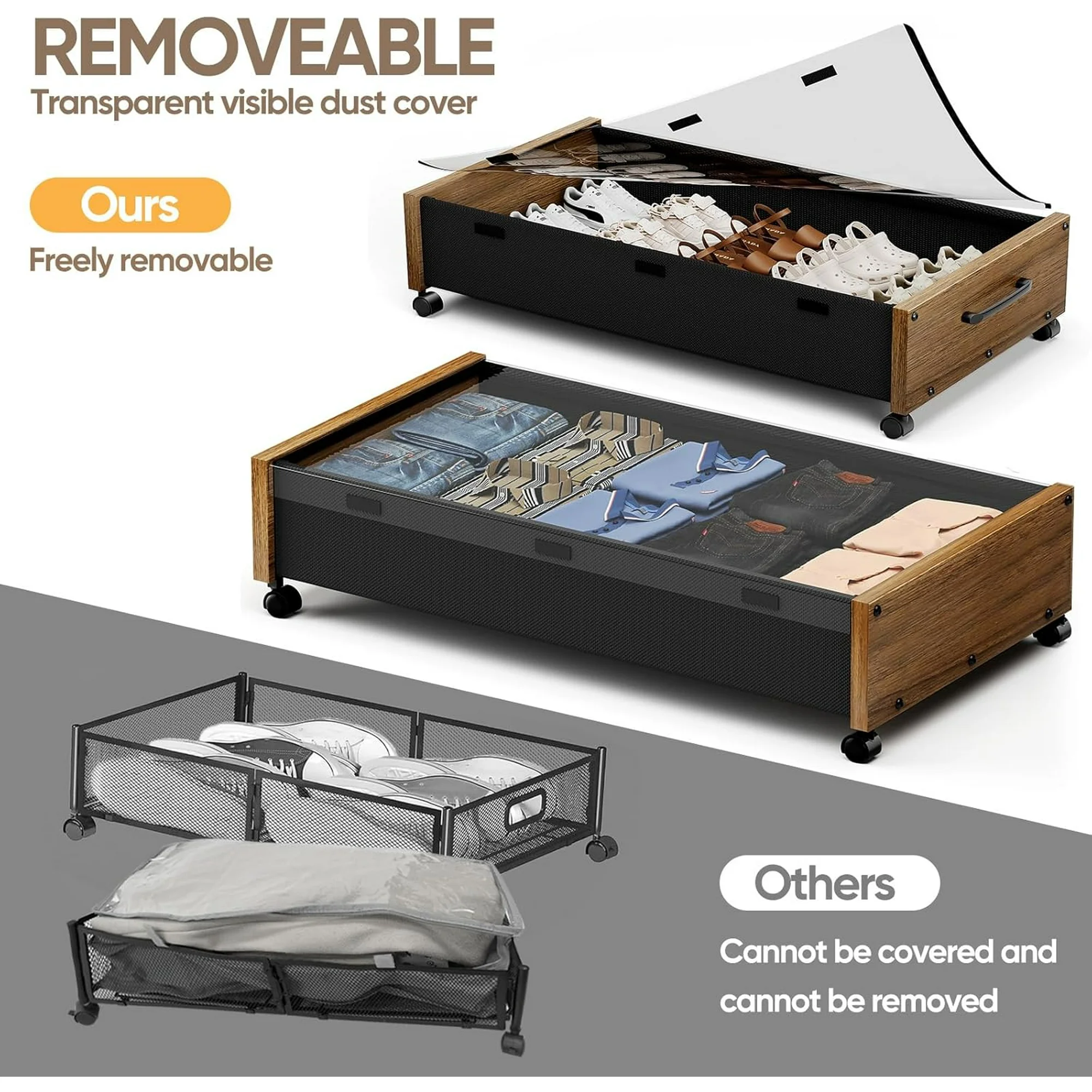 Wooden Under Bed Storage with Wheels, 80L Extra-large Rolling Under the Bed Storage Bins 2 Pack with Removable Lid, Upgrade Metal Under Bed Drawers for Clothes Shoes Blankets in Bedroom
