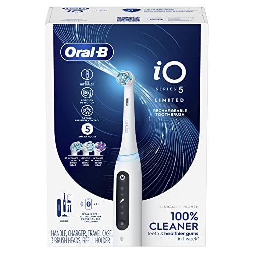 Oral-B iO Series 5 Limited Rechargeable Electric Powered Toothbrush, White with 3 Brush Heads and Travel Case - Visible Pressure Sensor to Protect Gums - 5 Cleaning Modes - 2 Minute Timer