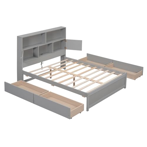 Full Size Platform 4 Storage Drawers, Charging Station & Bookcase Headboard, Wooden Bed Frame for Kids Teens Adults, No Box Spring Needed, Gray