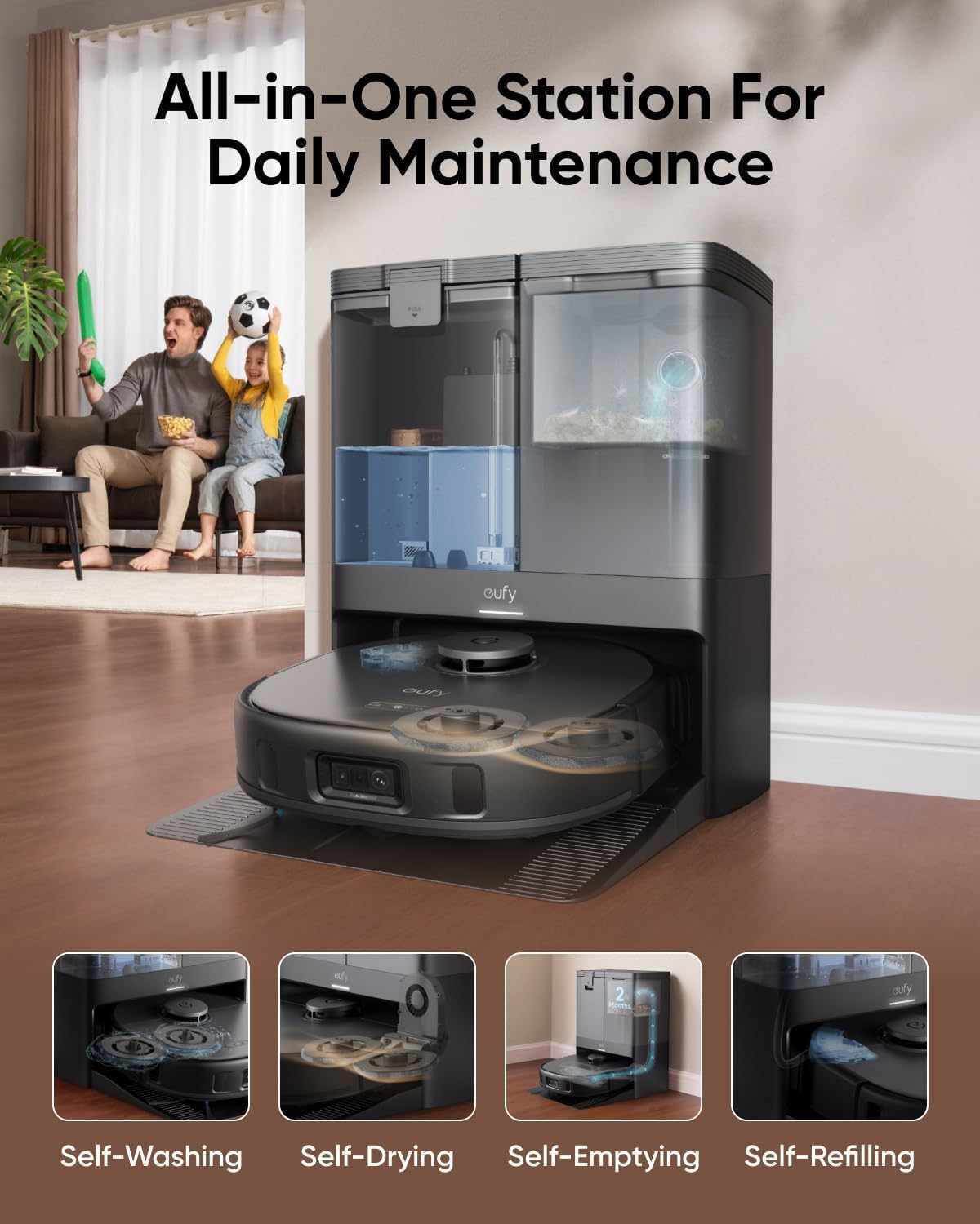 eufy X10 Pro Omni Robot Vacuum and Mop with 8,000 Pa Suction, Dual Mops with 12 mm Auto-Lift and Carpet Detection, AI Obstacle Avoidance, Auto Mop Washing, Auto Drying, Self-Emptying (Renewed)