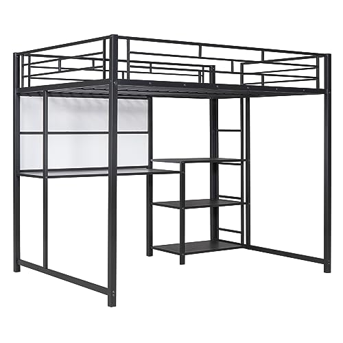 Merax Full Size Mental Loft Bed Frame with Desk and Whiteboard,3 Shelves and Ladder for Bedroom for Boys Girls Adult,Black