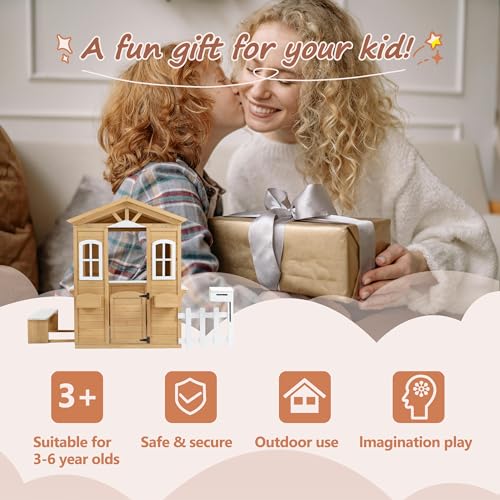 Outdoor Playhouse, Wooden Playhouse for Kids, Backyard Playhouse with Window, Mailbox, Picnic Bench, Fenced, Flowerpot Holders, Gift for Age 2+, 39" x 38" x 55.5"
