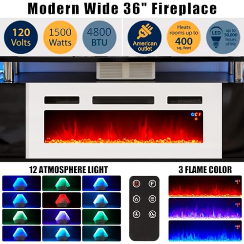 AMERLIFE Fireplace TV Stand with 40" Fireplace, 80" Modern High Gloss Fireplace Entertainment Center LED Lights, 2 Tier TV Console Cabinet for TVs Up to 90", Black & White