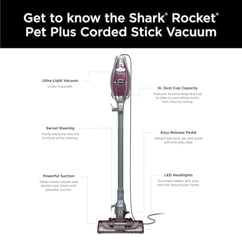 Shark HV322 Rocket Deluxe Pro Corded Stick Vacuum with LED Headlights, XL Dust Cup, Lightweight, Perfect for Pet Hair Pickup, Converts to a Hand Vacuum, with Pet Attachments, Bordeaux/Silver