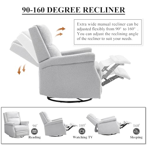 Wingback Swivel Recliner Chair, Mid Century Modern Push Back Accent Armchair, Upholstered Boucle Reclining Lounge Chair, Comfy Single Sofa Chair for Living Room, Bedroom, , Office, Nursery (Beige)