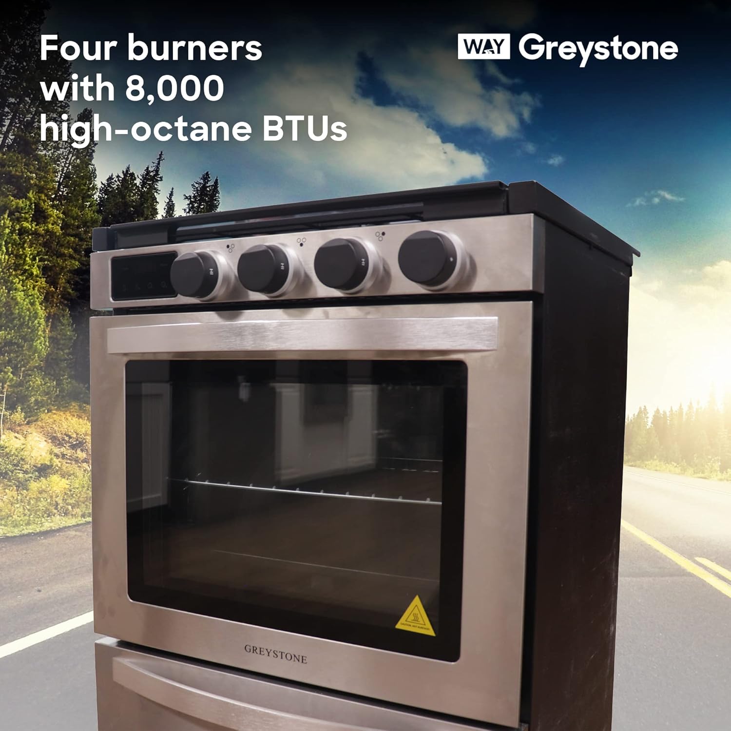 Greystone, 21 Inch Freestanding RV Gas Range, Stove and Oven Combo, 12 Volt, LP, 3 Burners, Stainless Steel