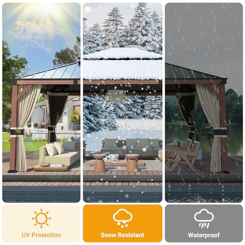 Hardtop Gazebo 10x12, Wooden Finish Outdoor Gazebo with Galvanized Steel Double Roof, Aluminum Frame Pergola for Patio Lawn, Backyard, Deck, Curtains and Netting Included, Grey