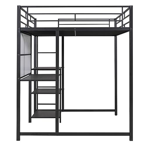Merax Full Size Mental Loft Bed Frame with Desk and Whiteboard,3 Shelves and Ladder for Bedroom for Boys Girls Adult,Black