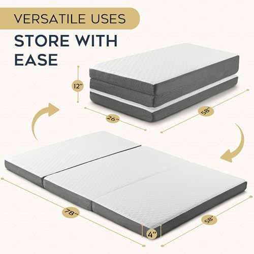Tri Folding Mattress with Memory Foam Layer - 4 Inch Trifold Foldable Bed Mattress with Washable Cover | Full Size 75" x 54" x 4" Non-Slip Bottom Camping Floor Mattress Perfect Guest Bed