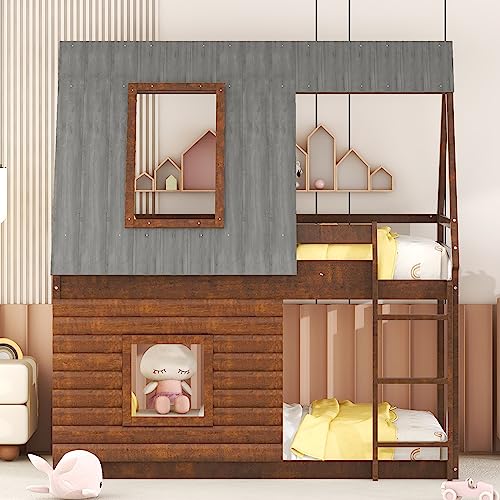 Twin Over Twin Bunk Bed House Shaped with Roof and 2 Windows, Wood Frame Floor BunkBed for Kids Boys Girls, Oak & Smoky Grey