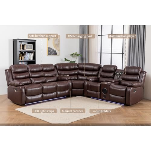 Manual Reclining Sectional Couch with LED Light Multi-Functional Sofa with Recliner Seat,Stereo, Storage,Cup Holders,USB,PU Leather L-Shaped Sofa,9 Seater for Living Room- White