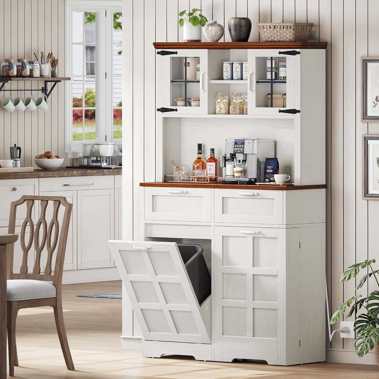 DWVO Kitchen Pantry Cabinet, Storage Cabinet with Trash Can, Tilt-Out Trash Can Cabinet, Tall Kitchen Cabinet, White Oak
