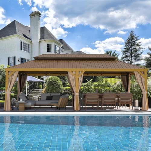 MELLCOM 12'x16' Hardtop Gazebo, Galvanized Steel Metal Double Roof Canopy with Curtains and Netting, Brown Permanent Pavilion Gazebos with Aluminum Frame for Garden, Patio, Lawns, Deck