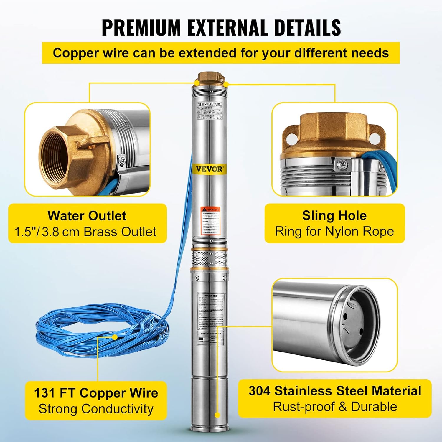 VEVOR Well Pump 1.5 HP, Submersible Well Pump 110V, Stainless Steel Deep Well Pump with 131ft Cable, Stainless Steel Deep Well Pump 24GPM for Cities Farmland Irrigation and Home Use