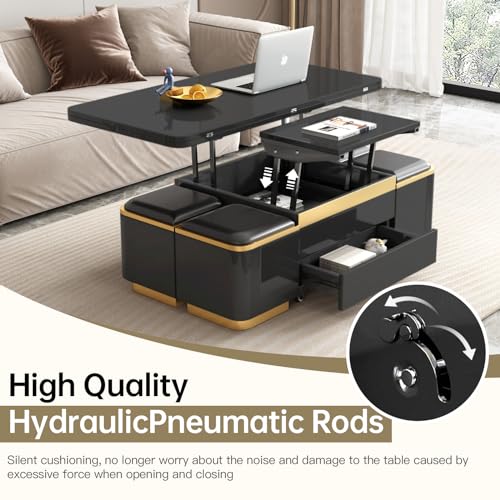 Multifunction Lift Top Coffee Table, Rectangle Folding Table with Storage and 4 Stools for Living Room, 3 in 1 Coffee to Dining Table Convertible, Modern Table That Lifts Up and Down, Black