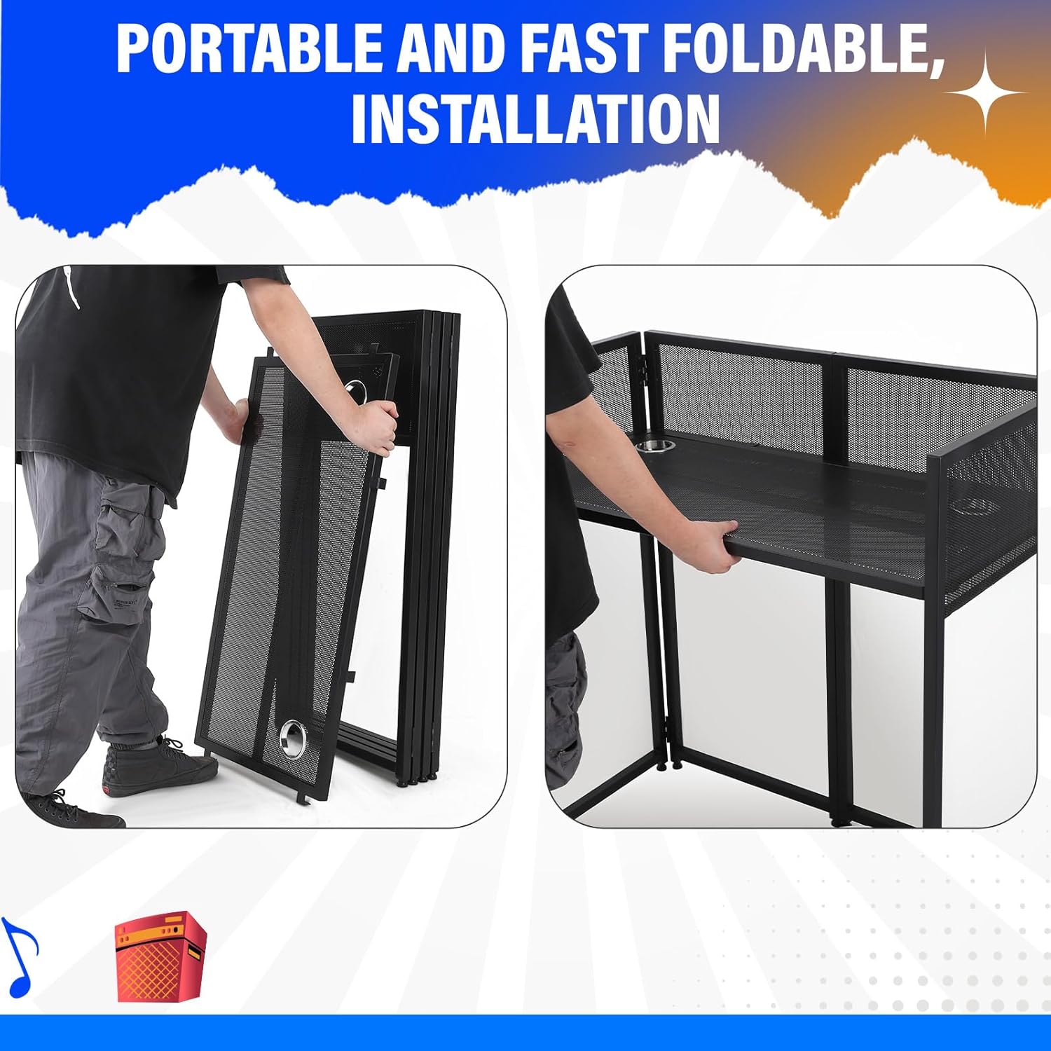 Portable DJ Facade Booth,52"L X 26"W DJ Facade with White & Black Scrim,Foldable DJ Table Station with Adjustable Feet for Party, Black Metal Frame