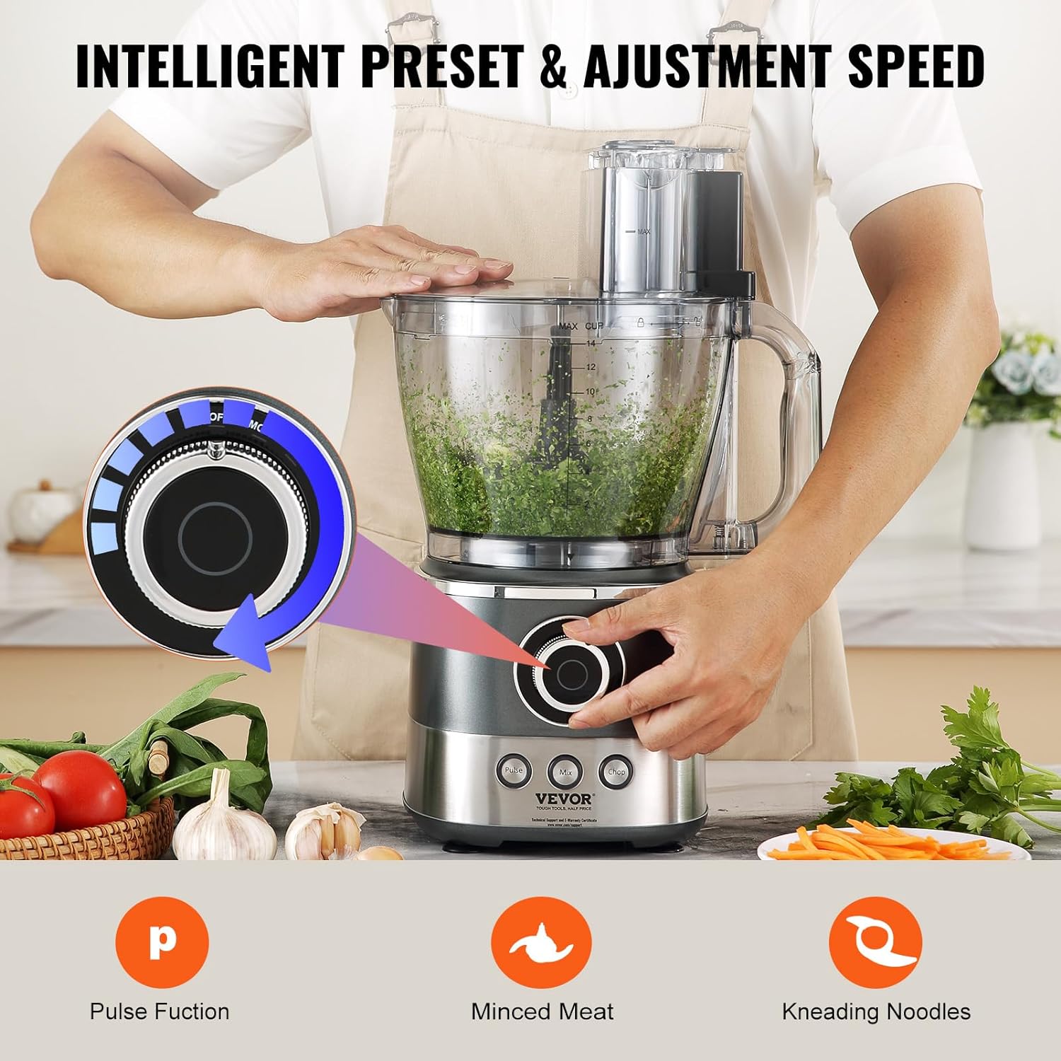 Vevor  650W 14-Cup Vegetable Chopper 2-Speed Stainless Steel Blade Electric Food Processor, Gray