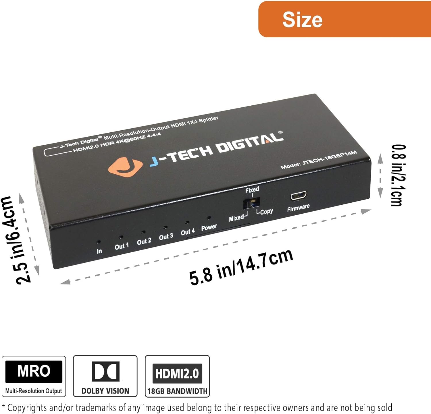 J-Tech Digital Scaler/Multi-Resolution Output (MRO) 18GBps 1x8 HDMI 2.0 Splitter HDR10/Dolby Vision 4K@60Hz 4:4:4 [JTECH-18GSP18M]