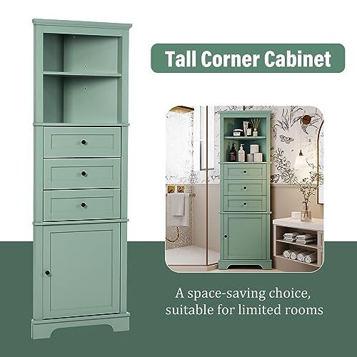 Triangle Tall Corner Cabinet Drawers and Adjustable Shelves Tall Hutch Corner Bar Cabinet with Door for Kitchen Green
