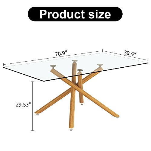 71 Inch Glass Dining Table for 6-8 with Golden Chrome Metal Legs, Tempered Glass Top Dining Table, Rectangular Modern Dining Table for Kitchen, Dining Room, Living Room (Golden + Glass)