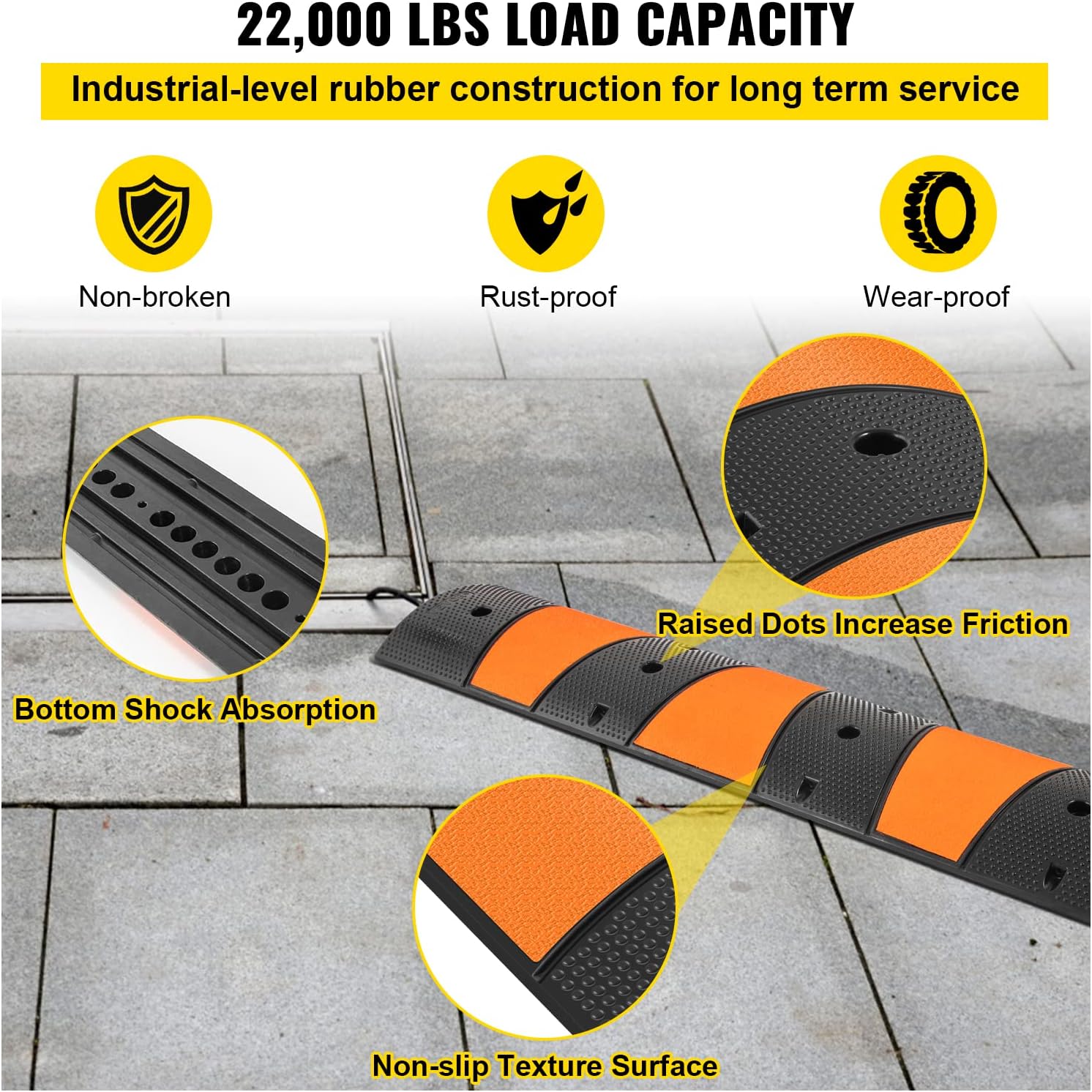 VEVOR Rubber Speed Bump, 2 Pack 2 Channel Speed Bump Hump, 72.8 Long Modular Speed Bump Rated 22000 LBS Load Capacity, 72.8 x 12.2 x 2.2 Garage Speed Bump for Asphalt Concrete Gravel Driveway-6 FT