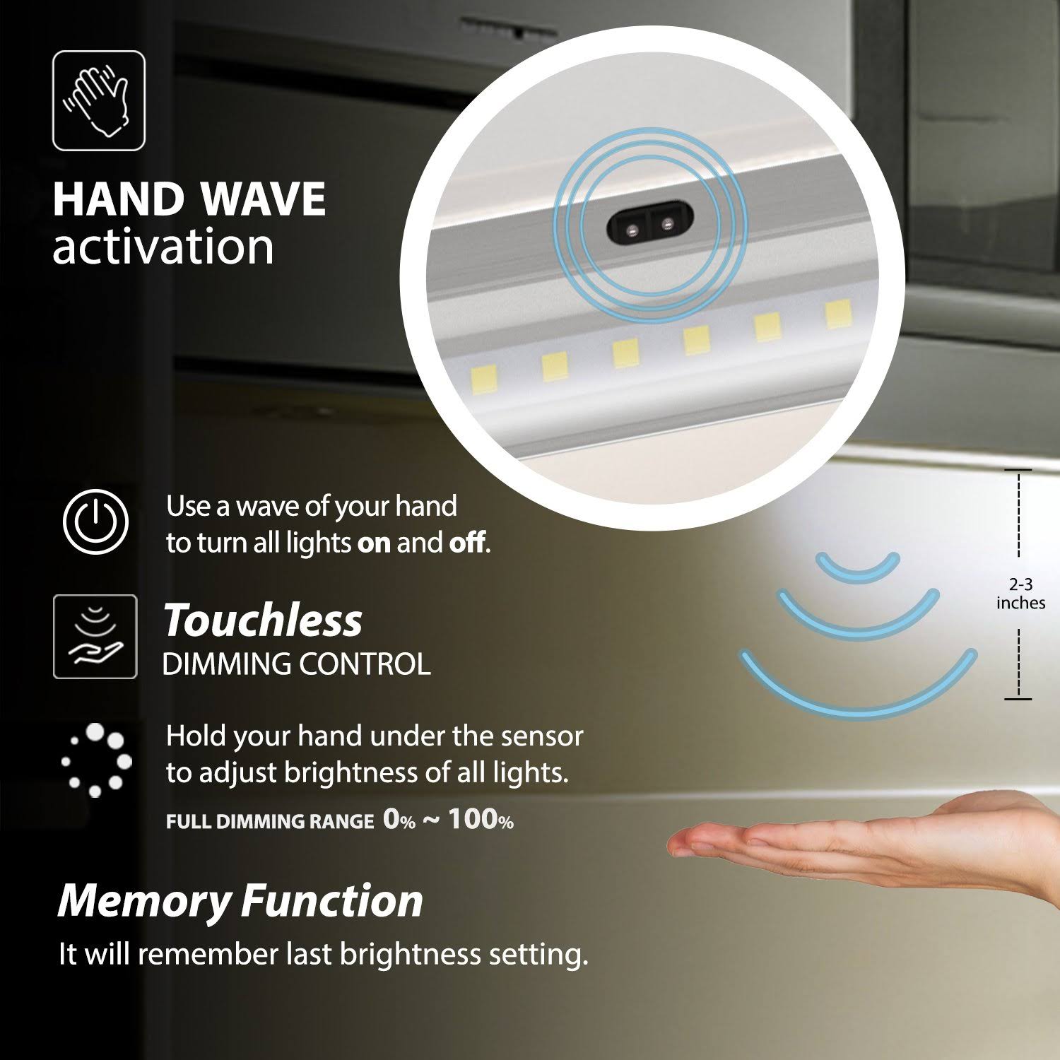Eshine White Finish 12 Panels 12 inch LED Dimmable Under Cabinet Lighting Kit, Hand Wave Activated - Touchless Dimming