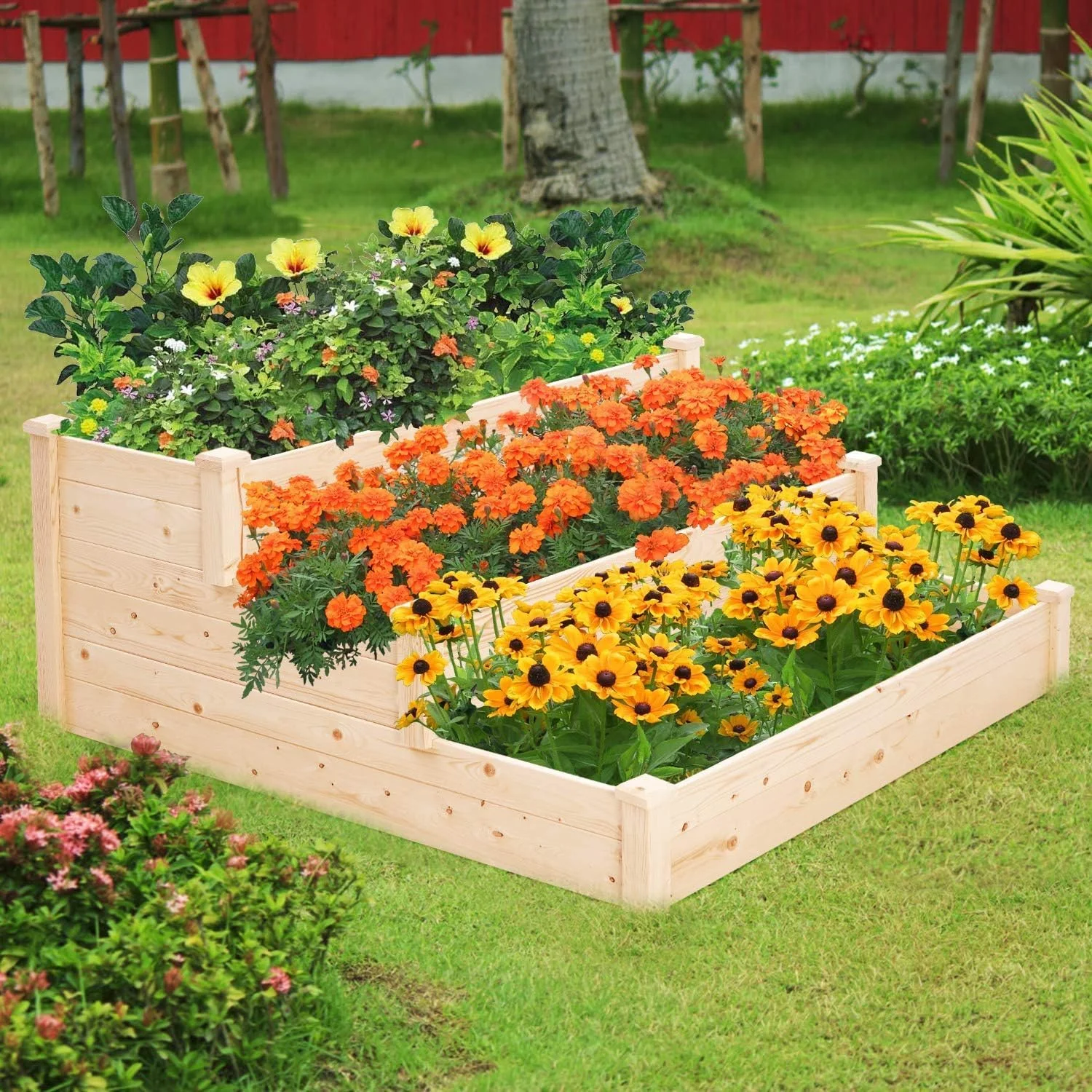 4x4 3 Tier Feet Outdoor Wooden Elevated Raised Garden Bed Planter Kit Grow Gardening Vegetable Natural, S or Yard Gardening, Natural - Curated Treasures Market