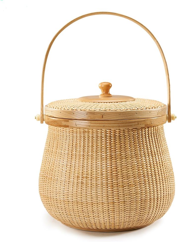 Teng Tian Natural ash wood and cane round Nantucket baskets with swing handle Removeable Lids Multi-purpose household storage box