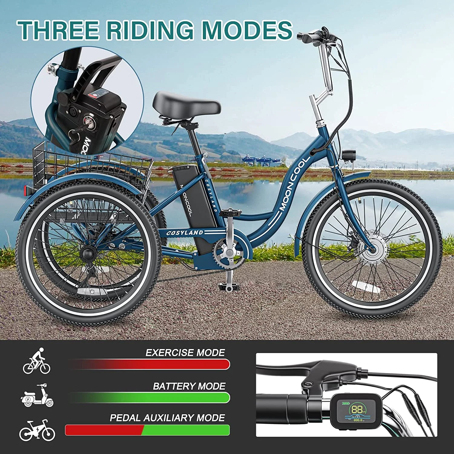 MOONCOOL Electric Tricycle, 350W 36V 24 Inches 7 Speeds 3 Wheels Electric Bikes for Adults, Motorized Electric Trike Three Wheel Electric Bicycle