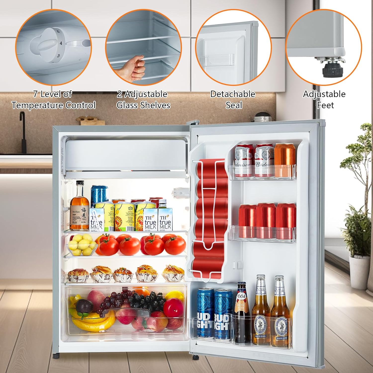 Mini Refrigerator with Freezer, 4.3 Cu.Ft. Compact Refrigerator, 7 Settings Temperature Adjustable, Removable Glass Shelves Dorm Fridge for Garage,Bedroom, Office, Apartment, Grey