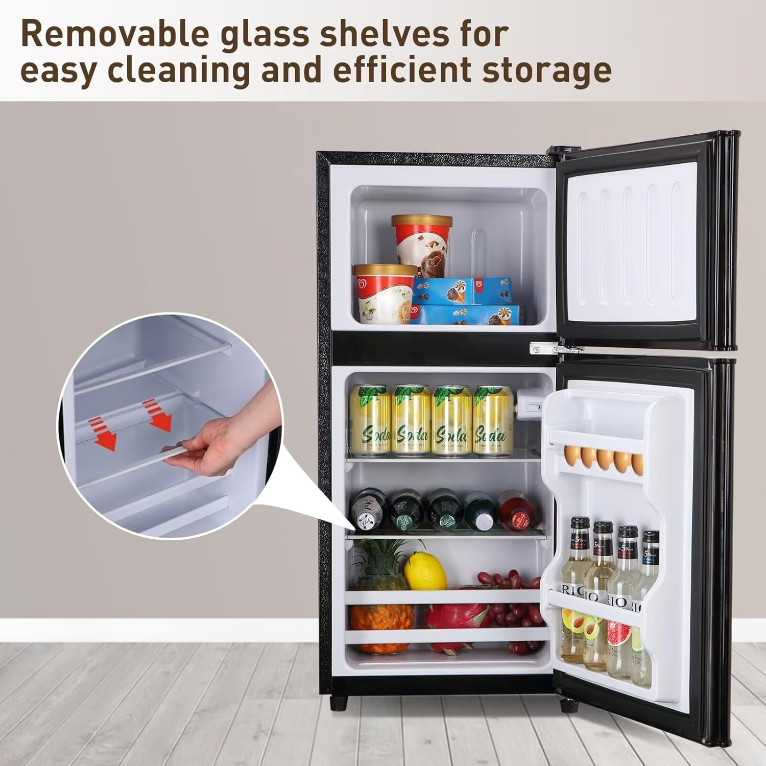 Apartment Size Refrigerator, 4.0 Cu.Ft Mini Fridge with Freezer Perfect for Kitchen, Dorm, Apartment, Office, Compact Fridge with 7 Adjustable Thermostat, Low Noise, Black