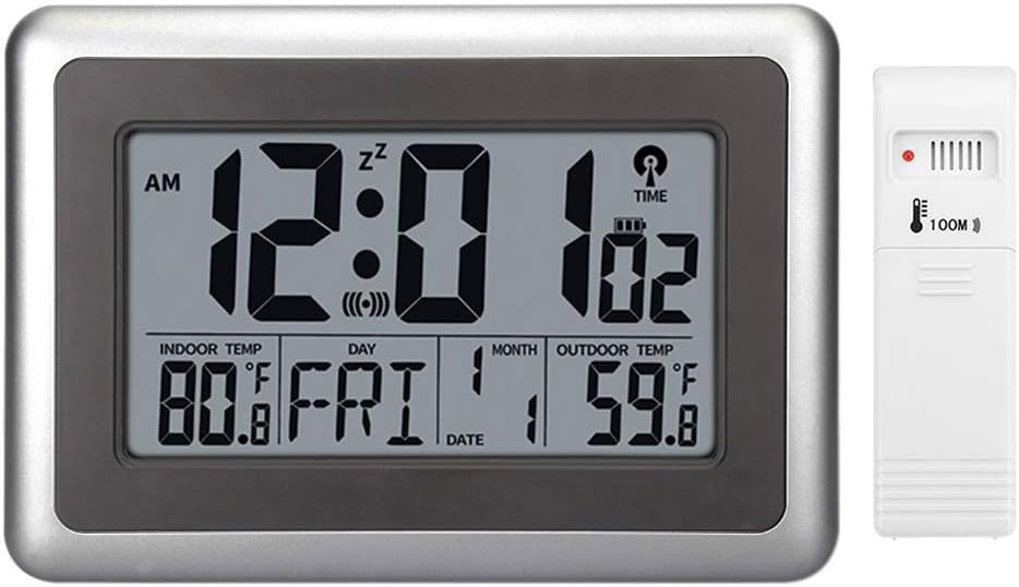 Atomic Wall Desk Clock Large Display with Indoor Outdoor Temperature Date Calendar, Digital Alarm Clock Battery Operated Without Backlight for Kitchen Bedroom