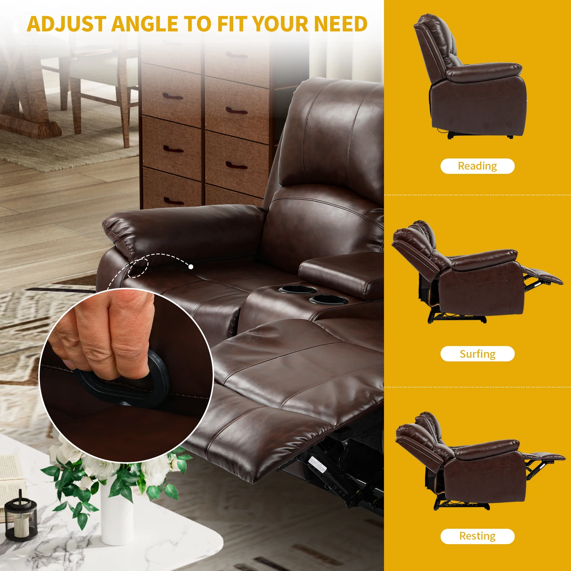 Dextrus Double Recliner Loveseat, Manual Dual Sofa Loveseat, Home Theater Seating with Built-in Storage Console, Double Recliner RV Couch with Beverage Holders and Side Storage for Living Room