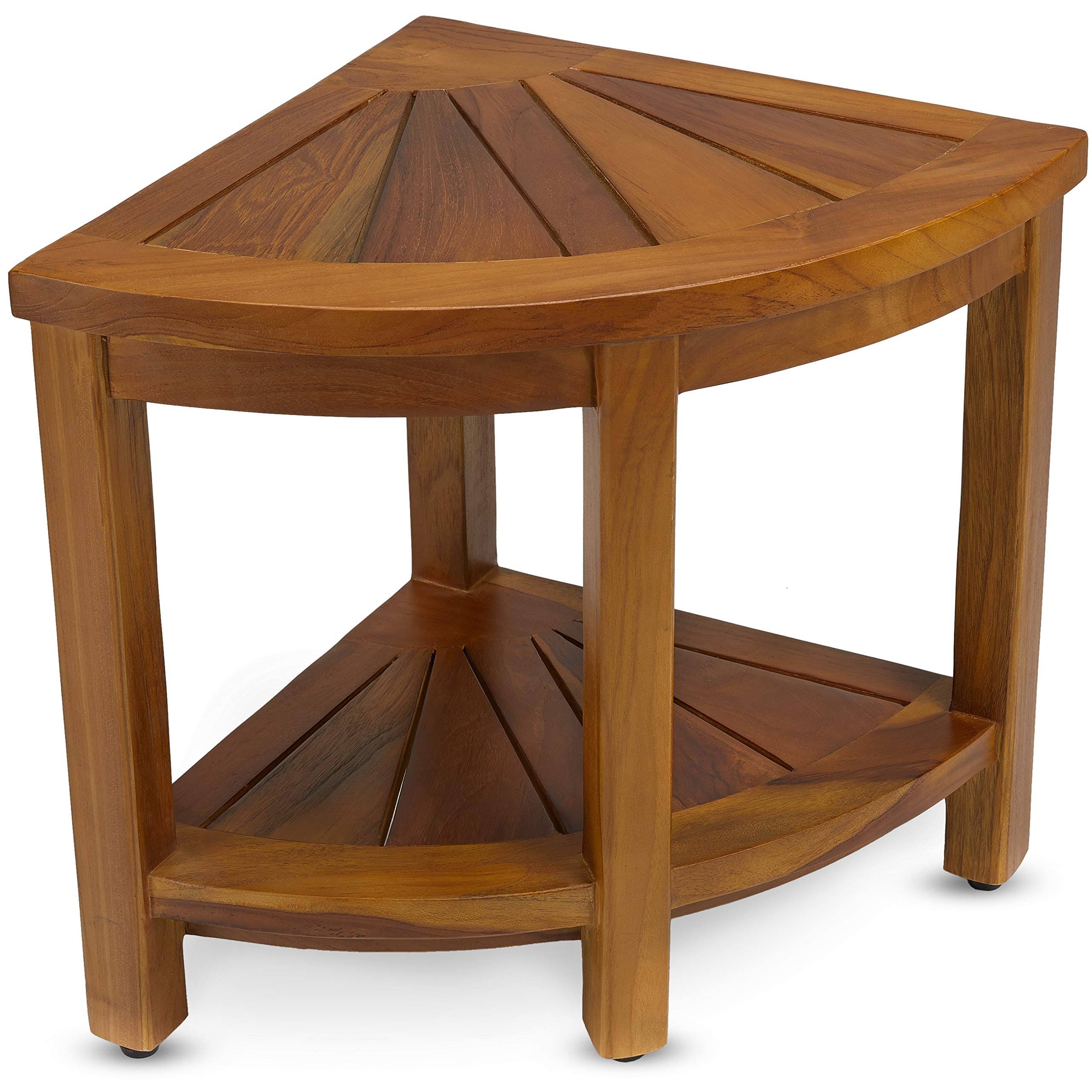 TeakCraft Teak Corner Shower Bench Seat for Bathroom - Waterproof Shower Stool - Fully Assembled, The Saga